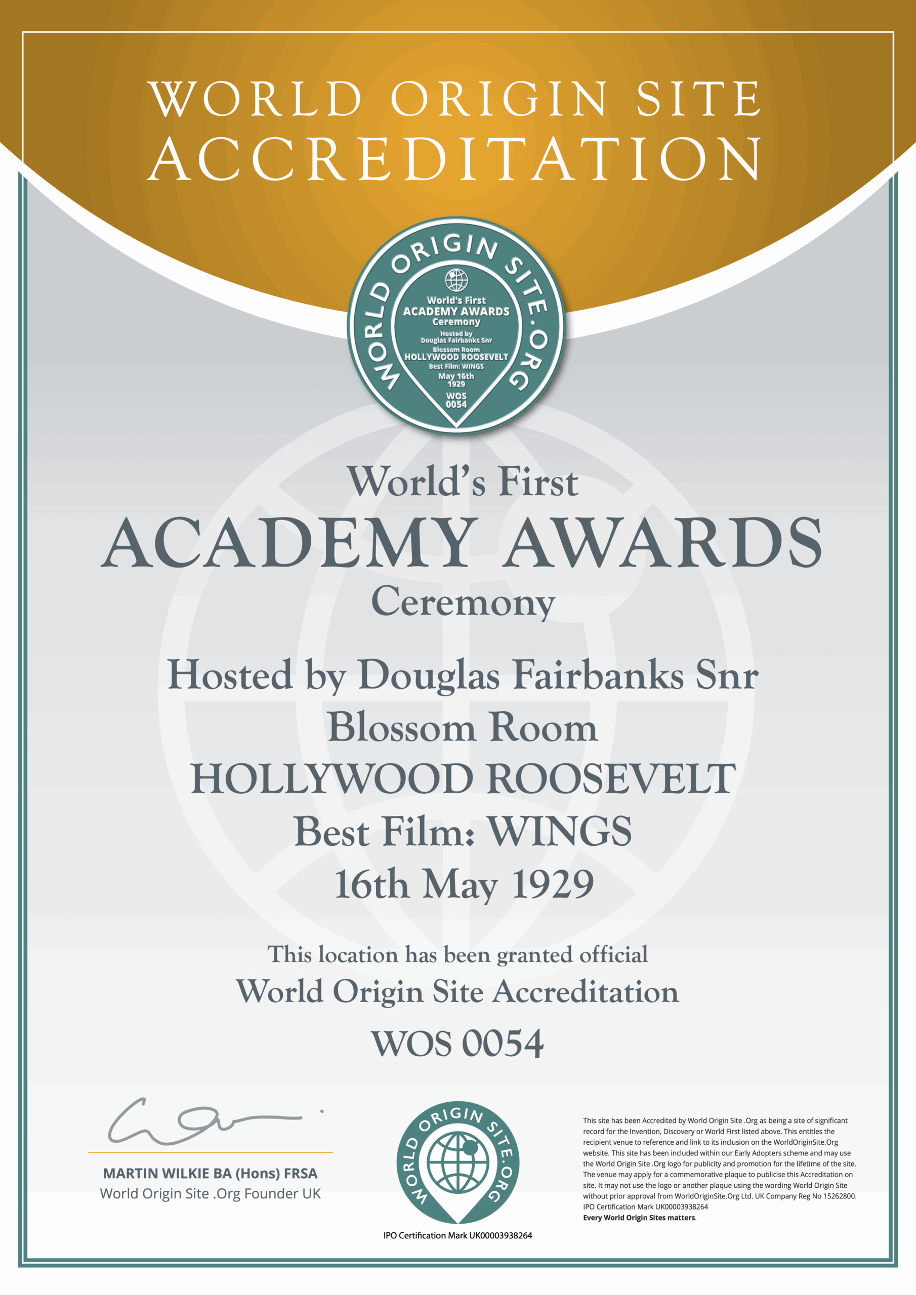 WOS0054 Accreditation Certificate – Academy Award AW Properties in Newcastle